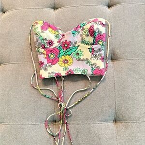 Zara Pink and Yellow Floral Lace-Up Top